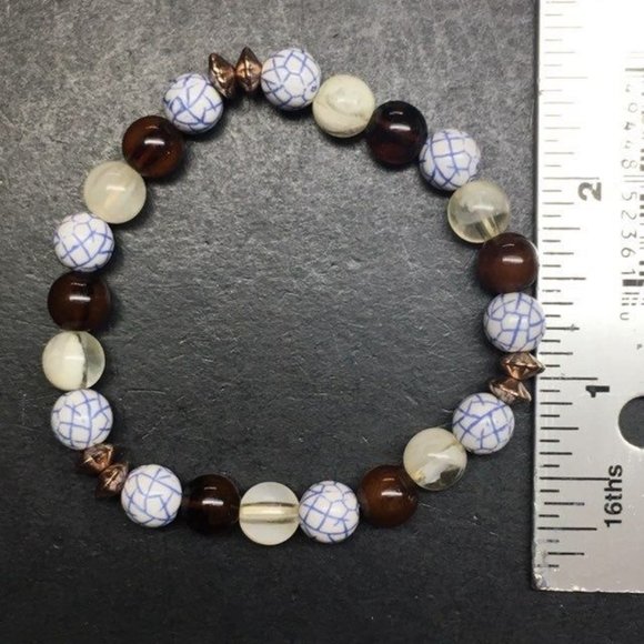 Beaded Stretch Bracelet Brown Copper Beige Blue White Crackle Round Faceted BoHo - Picture 4 of 4